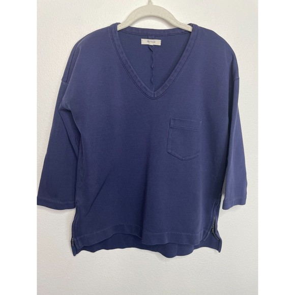 Madewell Extra Small Side Zip Piqué Sweatshirt Top Purple Blue 3/4 Sleeve V-Neck - Picture 1 of 9